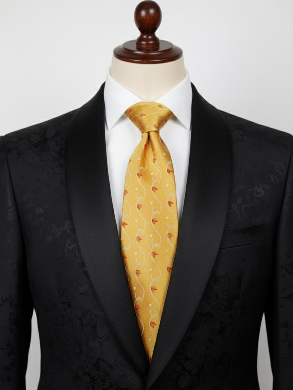 Luxury Golden Silk Tie with Red & White Print – Designer Formal Necktie