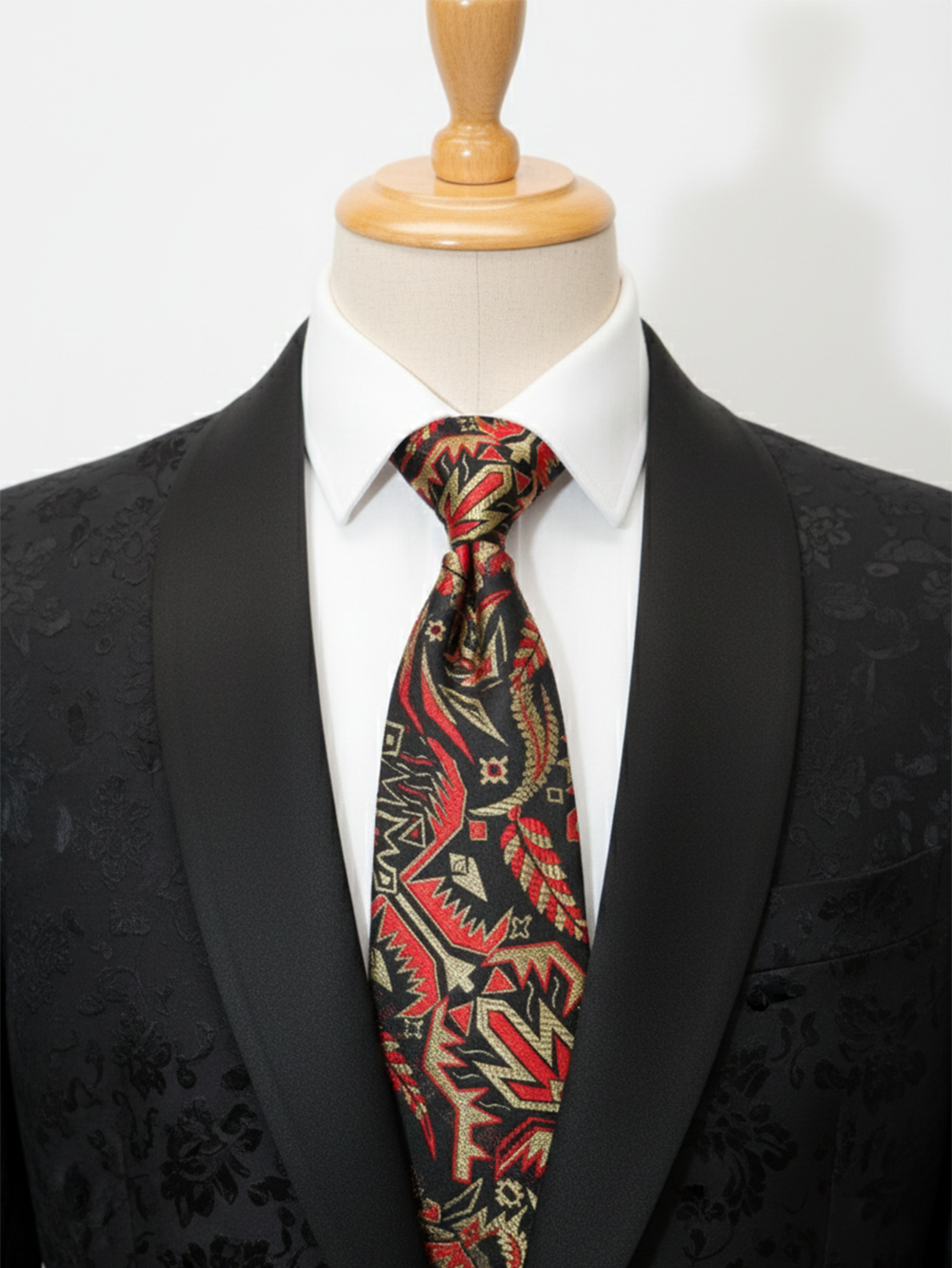 Elegant Black Tie with Red & Golden Embroidered Work