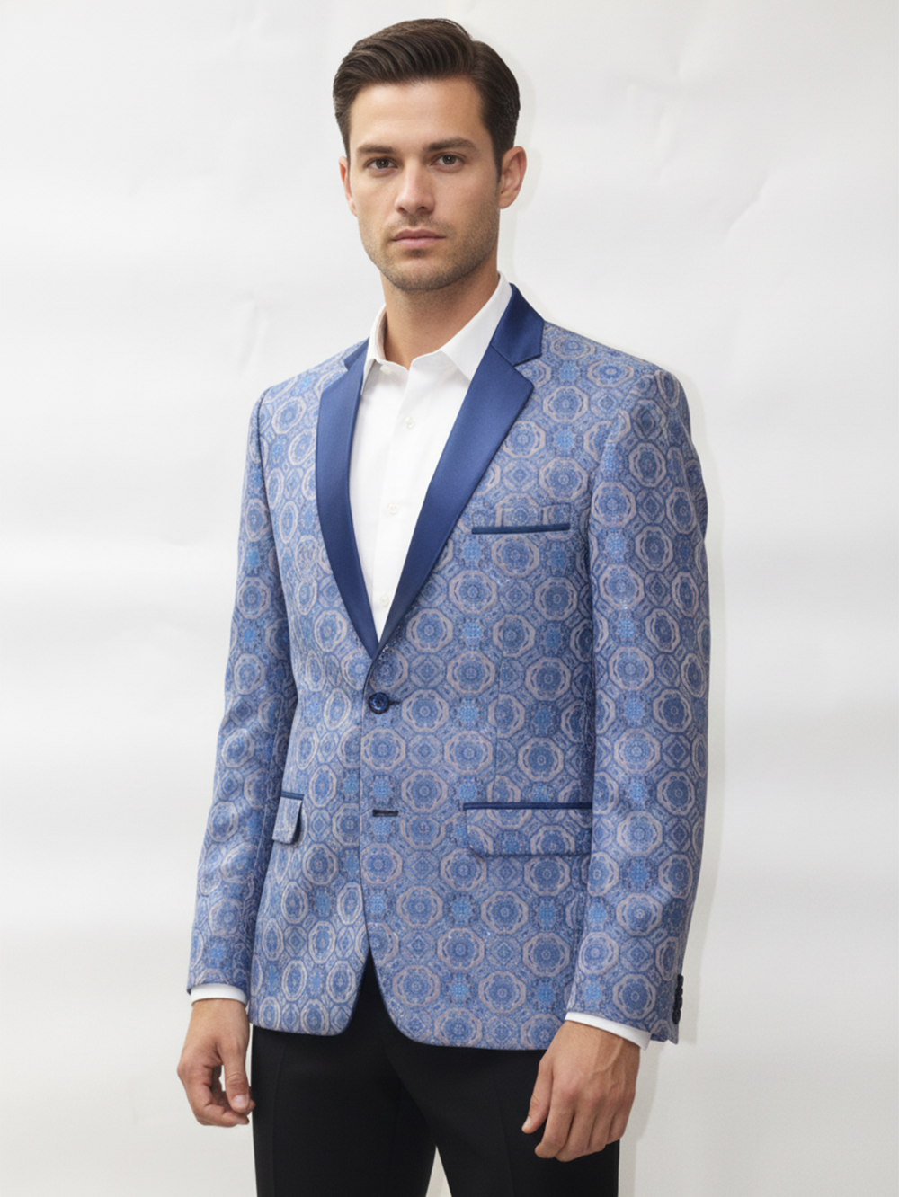 Mens Blue Printed Slim Fit Jacquard Blazer , Premium Fabric, Modern Tailoring, Elegant Design for Formal and Party Wear