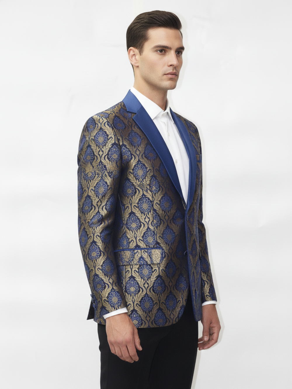 Mens Golden and Blue Slim Fit Jacquard Blazer , Elegant Patterns, Premium Fabric, Stylish Formal Wear for Office and Parties