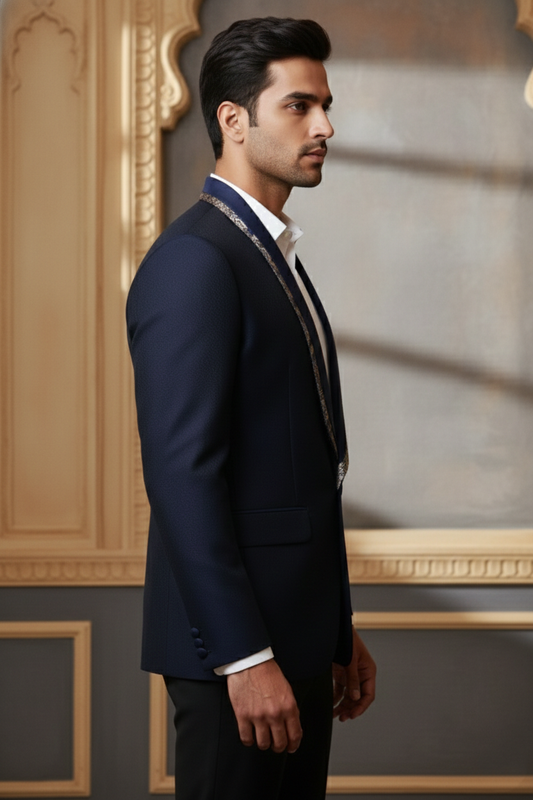 Men's Premium Navy Blue Jacquard Tuxedo Blazer