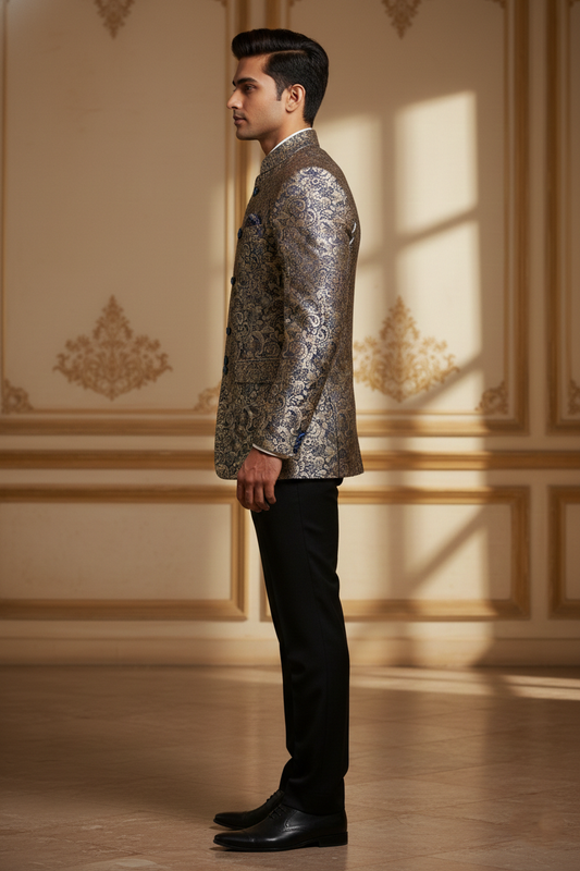 Men's Royal Jacquard Silk Blend Jodhpuri Bandhgala Blazer