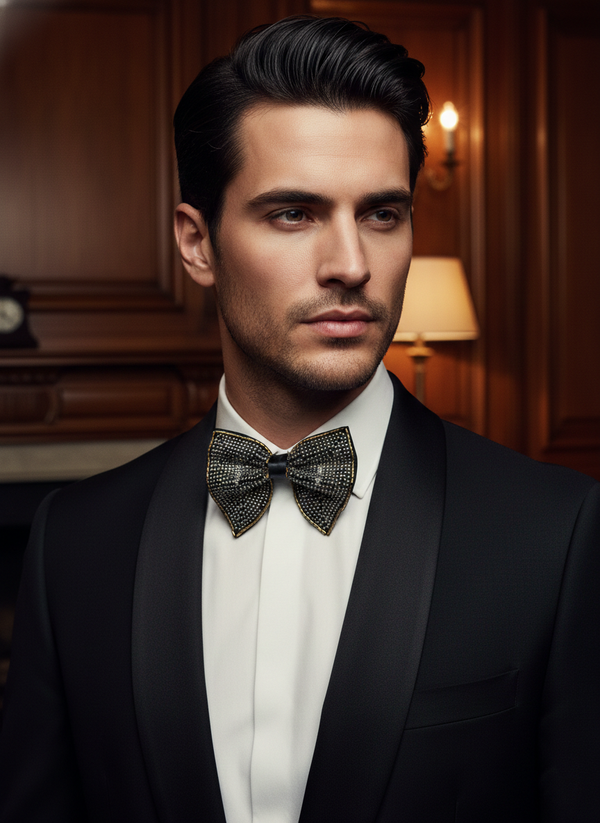 Hand-Beaded Metallic Butterfly Bow Tie