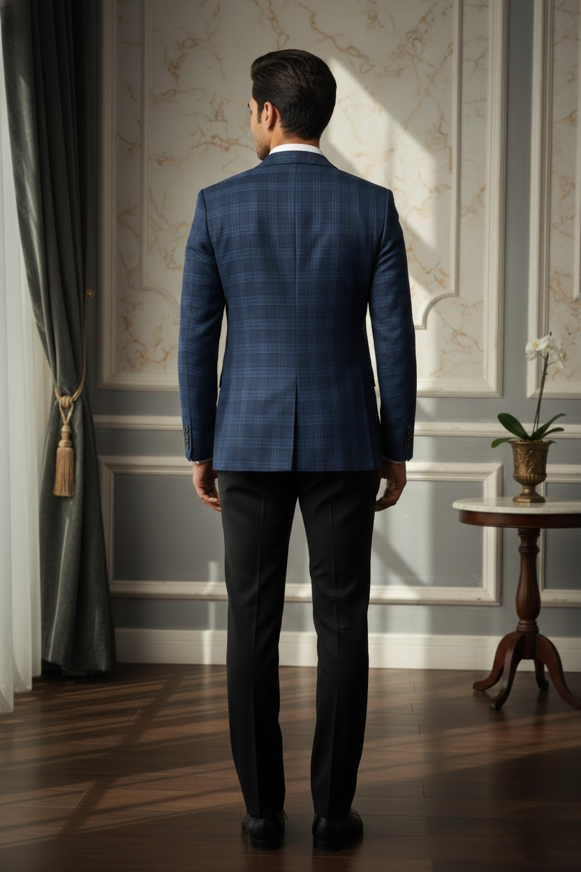 Men's Premium Blue Jacquard Checkered Blazer