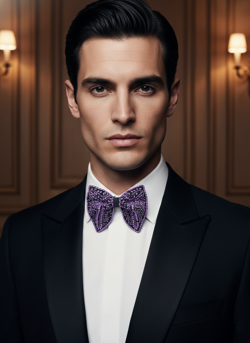 Lavender Purple Beaded Butterfly Bow Tie
