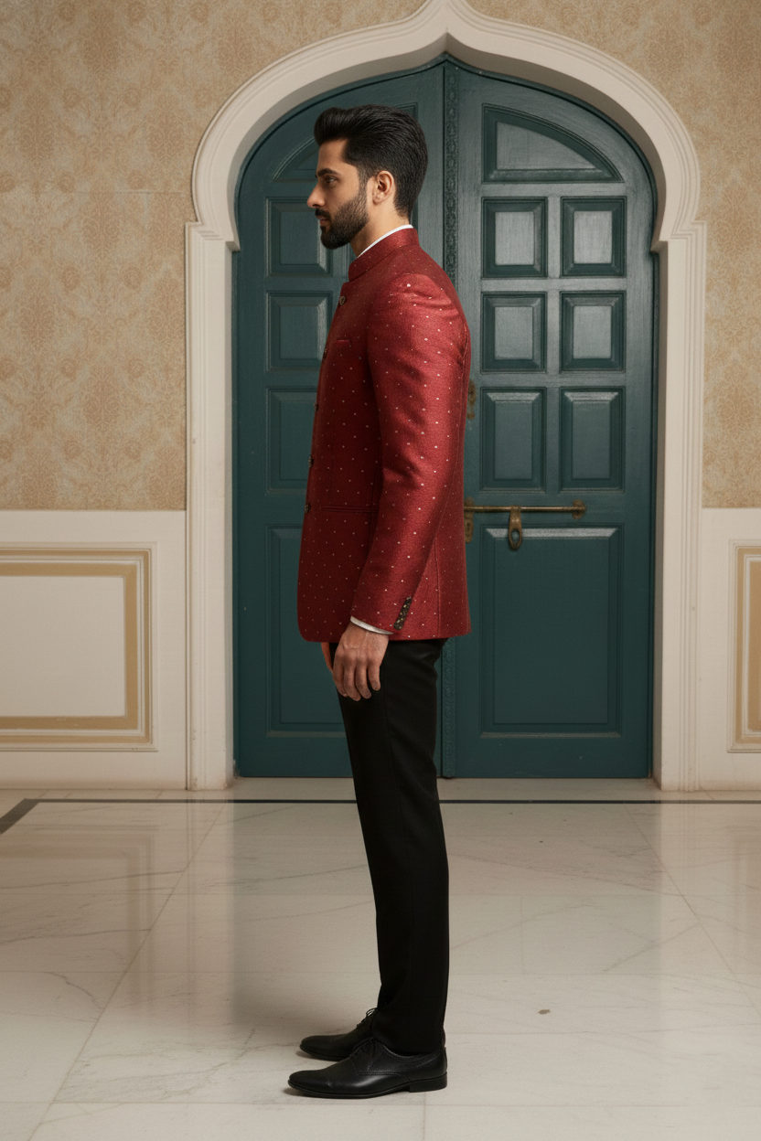 Men's Luxury Maroon Bandhgala Jodhpur Jacket , Silk-Blend Textured Ethnic Blazer with Mandarin Collar