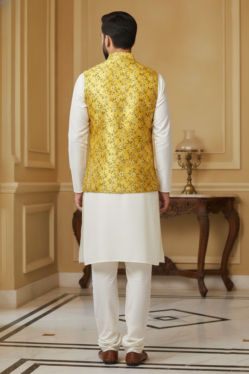 Radiant Mustard: Men’s Floral Brocade Nehru Jacket