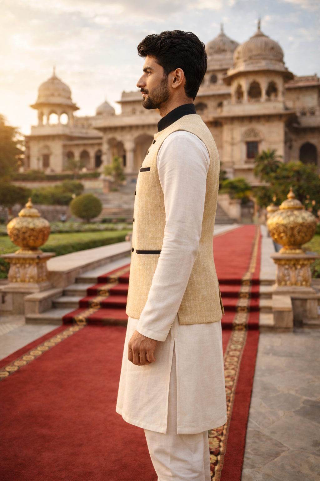 Product Title: Men’s Premium Khadi Textured Beige Nehru Jacket with Contrast Black Detailing