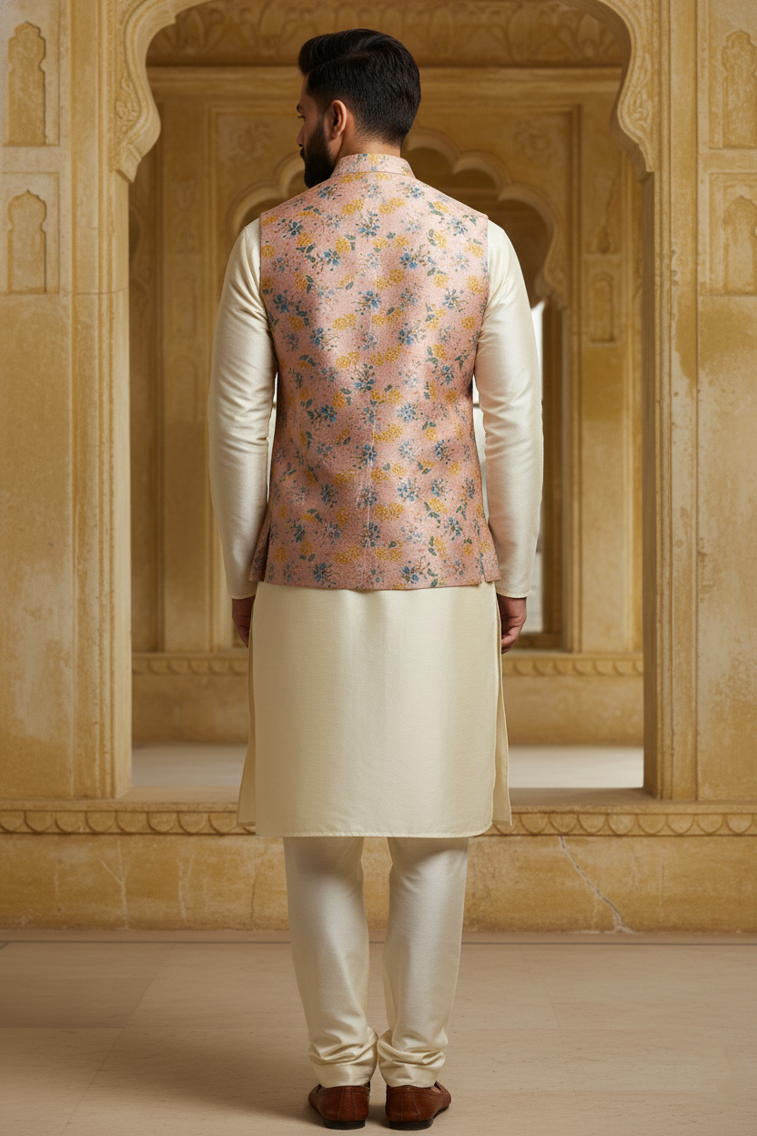 Title: Pastel Harmony: The Rose-Toned Botanical Nehru Ensemble