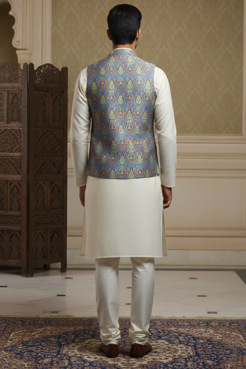 Men’s Sky Blue & Copper Brocade Waistcoat – Slim Fit Paisley Jacquard Nehru Vest with Notch Lapel