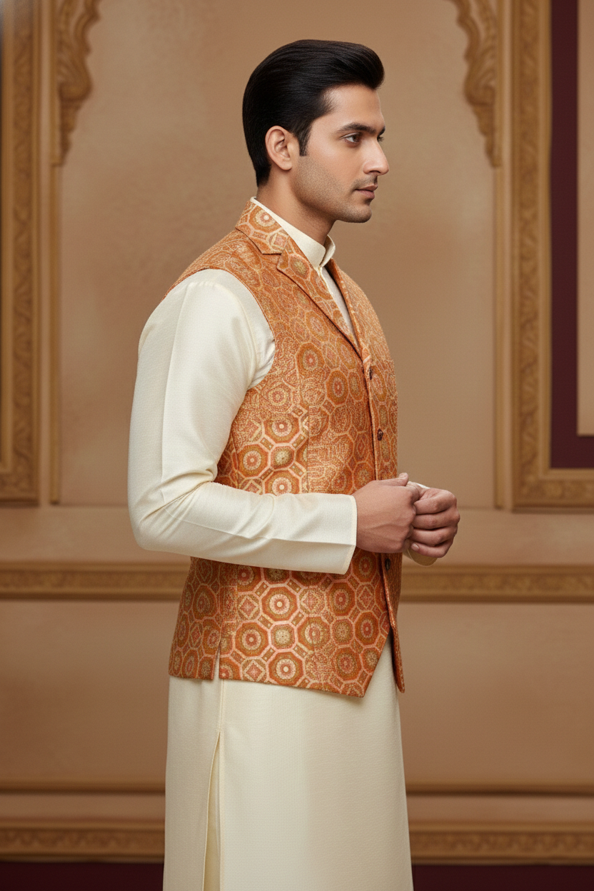 Men's Royal Red Geometric Print Nehru Jacket – Premium Silk-Finish Ethnic Waistcoat for Weddings & Festivals