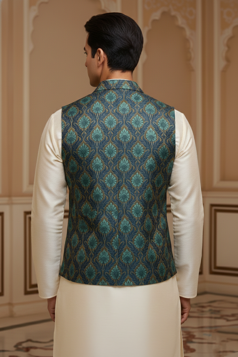Men’s Navy Blue Nehru Jacket with Light Blue & Orange Thread Work | Festive Ethnic Waistcoat