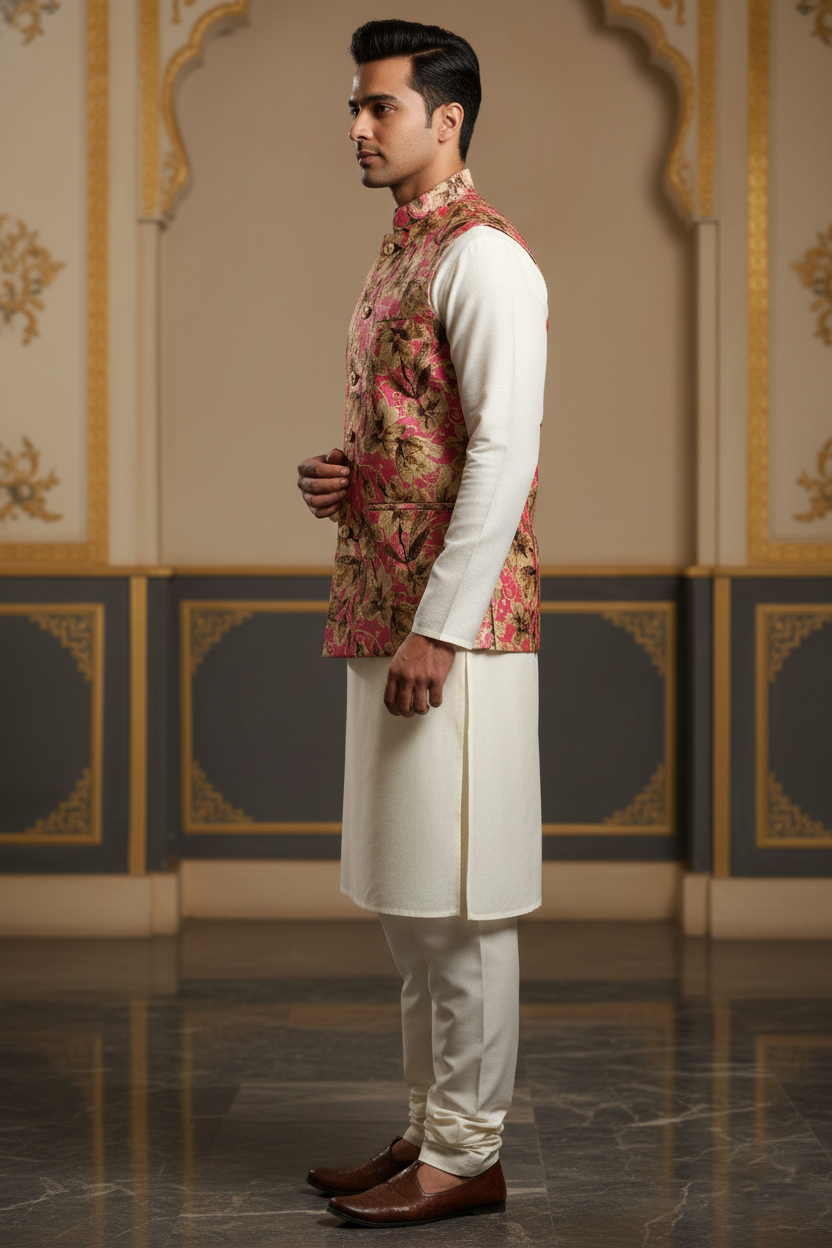 Title: The Pink Petal Path: Modern Floral Nehru Jacket and Silk Ensemble