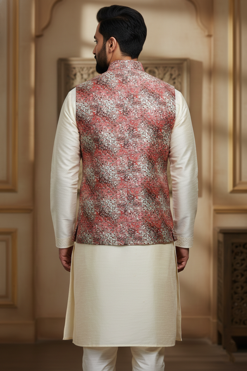The Modern Maharaja: Abstract Printed Nehru Jacket & Silk Kurta Set