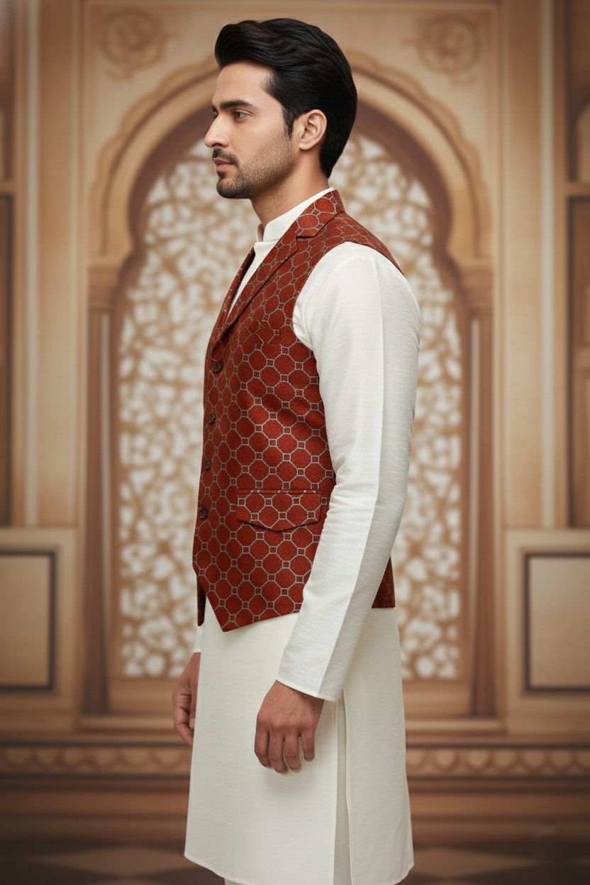Men’s Red Designer Waistcoat | Sky Blue Line Work Slim Fit Festive Vest