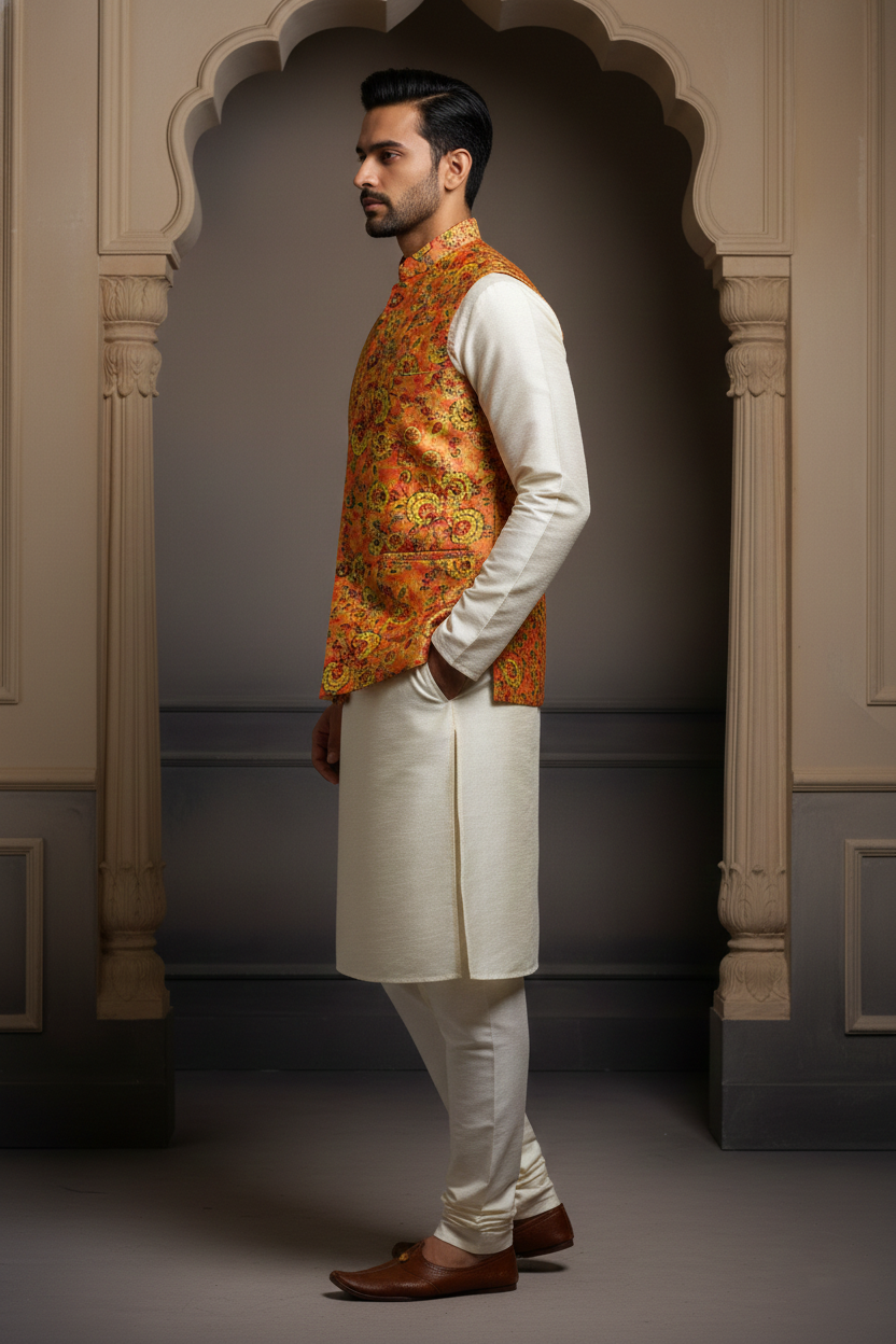 Title: Harvest Gold: The Floral Tapestry Nehru Ensemble