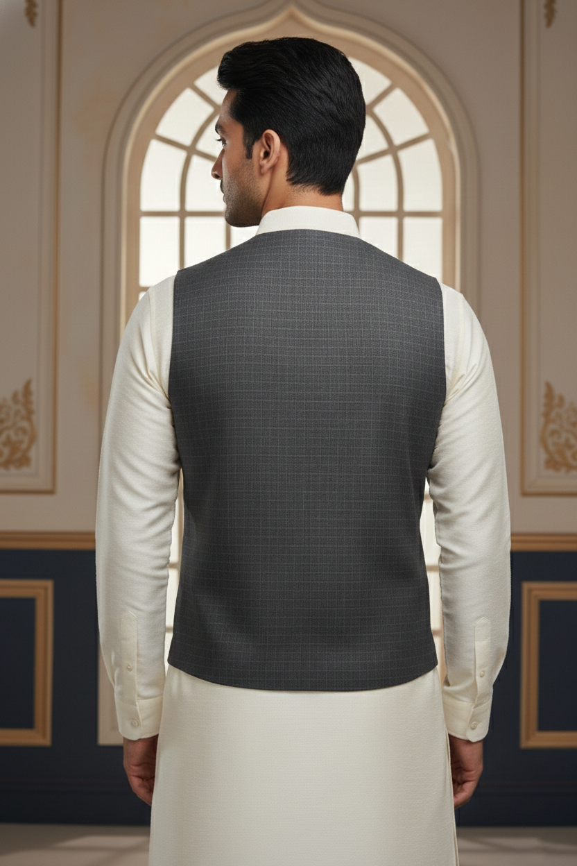 Men’s Grey Jacquard Silk Waistcoat with Notch Lapel | Slim Fit Festive Vest