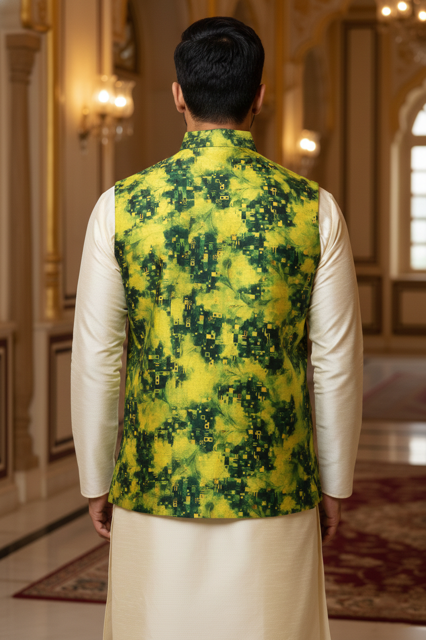 Title: Abstract Verve: The Contemporary Lime and Emerald Nehru Ensemble