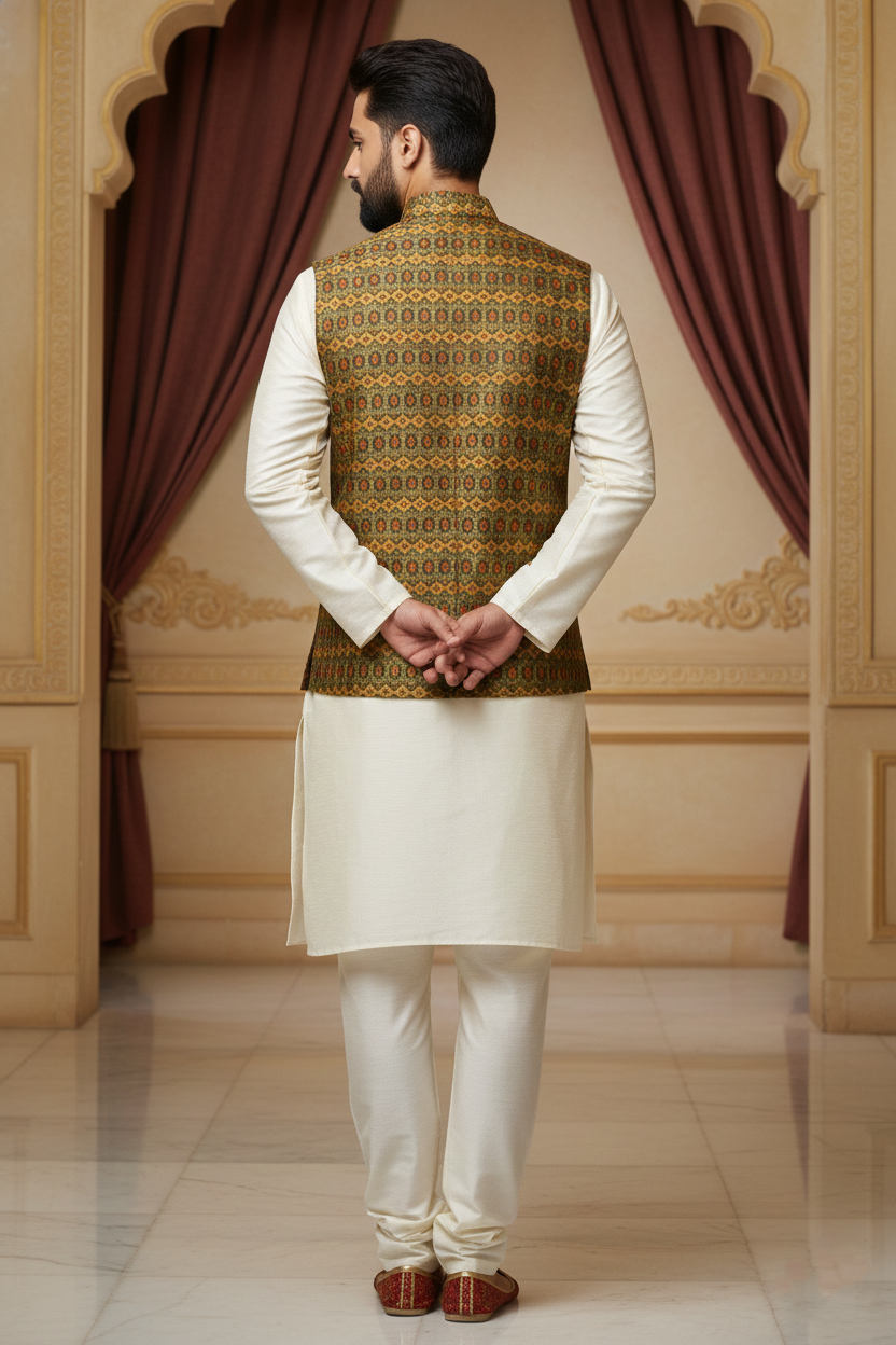 Regal Tapestry: The Olive Geometric Brocade Nehru Jacket