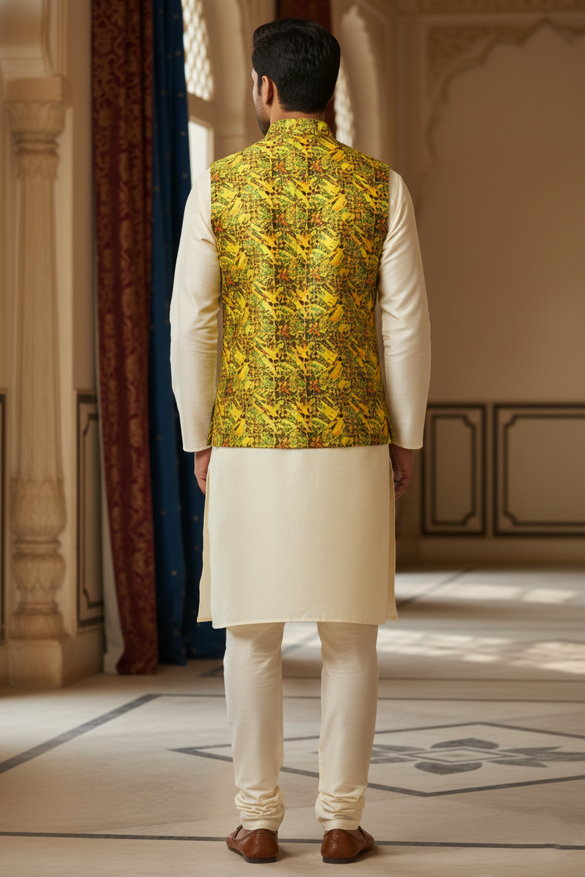 Sun-Drenched Citron: The Radiant Geometric Nehru Jacket