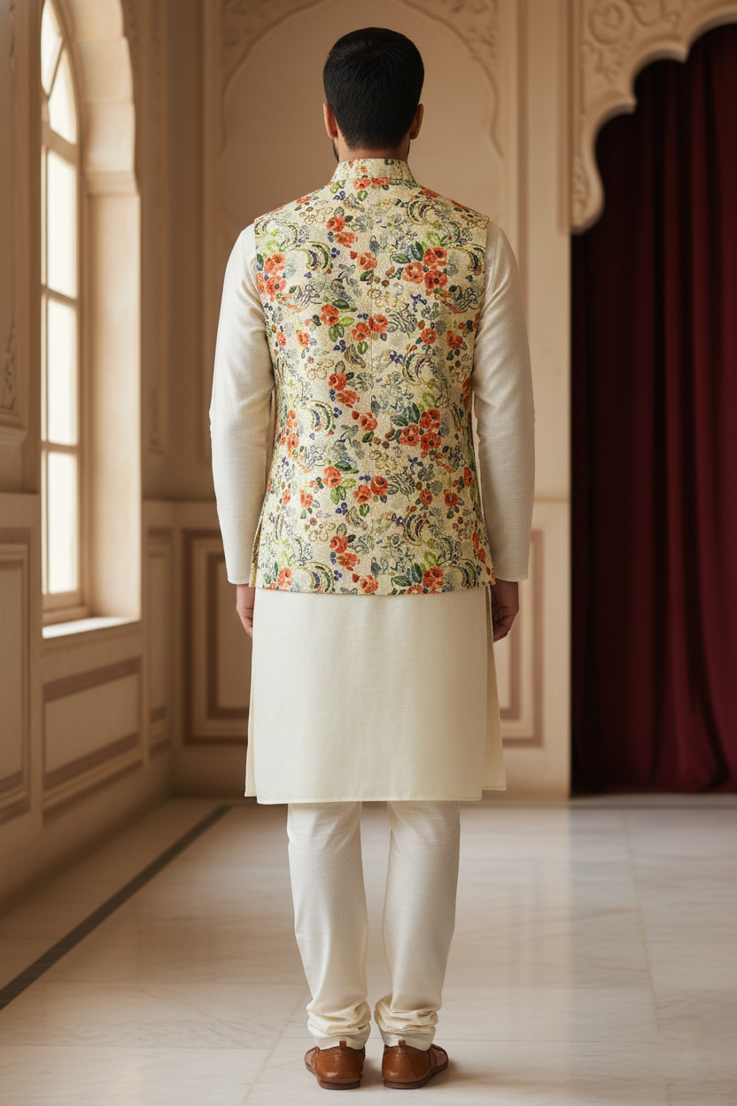 Title: Floral Tapestry: The Ivory and Multi-Chrome Nehru Ensemble