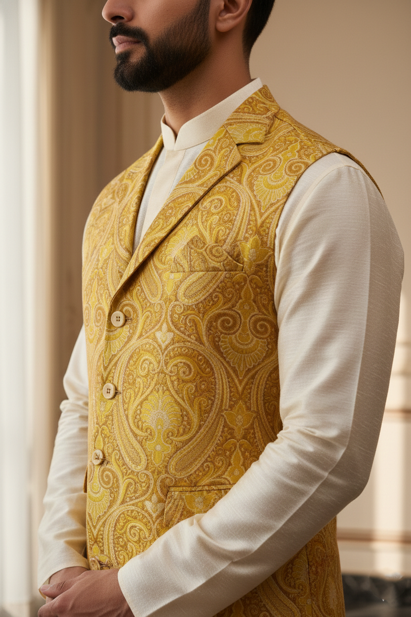 Men's Luxury Mustard Yellow Paisley Jacquard Nehru Jacket – Modern Notched Lapel Ethnic Waistcoat for Weddings and Festivals