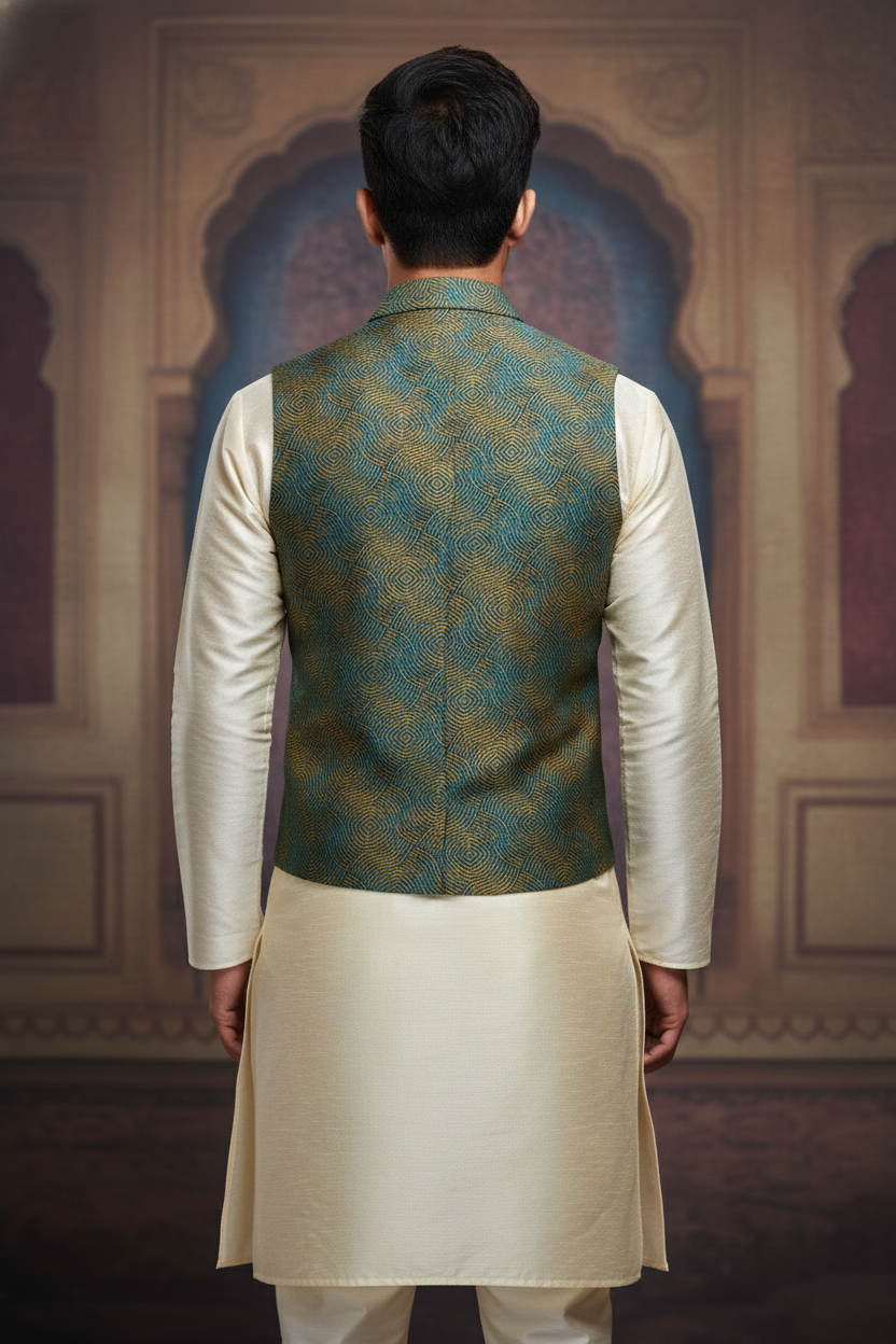 Men’s Premium Teal & Mustard Geometric Jacquard Waistcoat with Notched Lapel