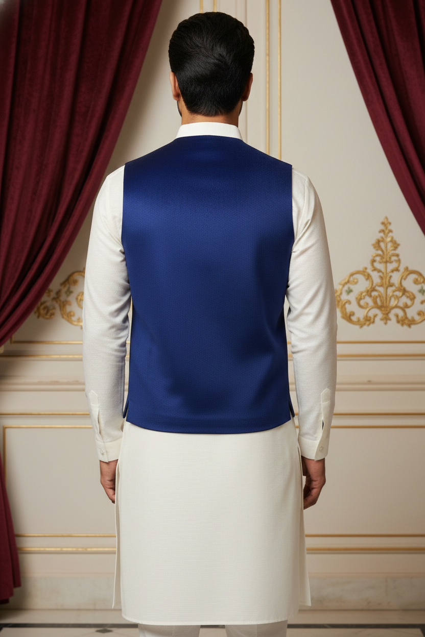 Men’s Dark Blue Nehru Jacket with Light Blue & Orange Thread Work | Festive Ethnic Waistcoat
