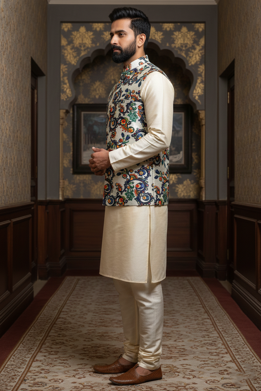 Title: Ornate Heritage: The Multi-Chrome Botanical Nehru Ensemble