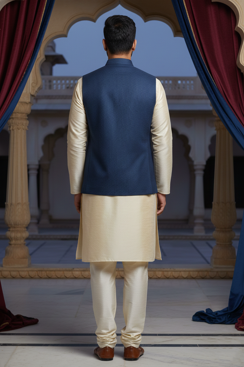 Men's Navy Blue Micro-Check Nehru Jacket – Textured Slim Fit Ethnic Waistcoat for Weddings & Formal Events
