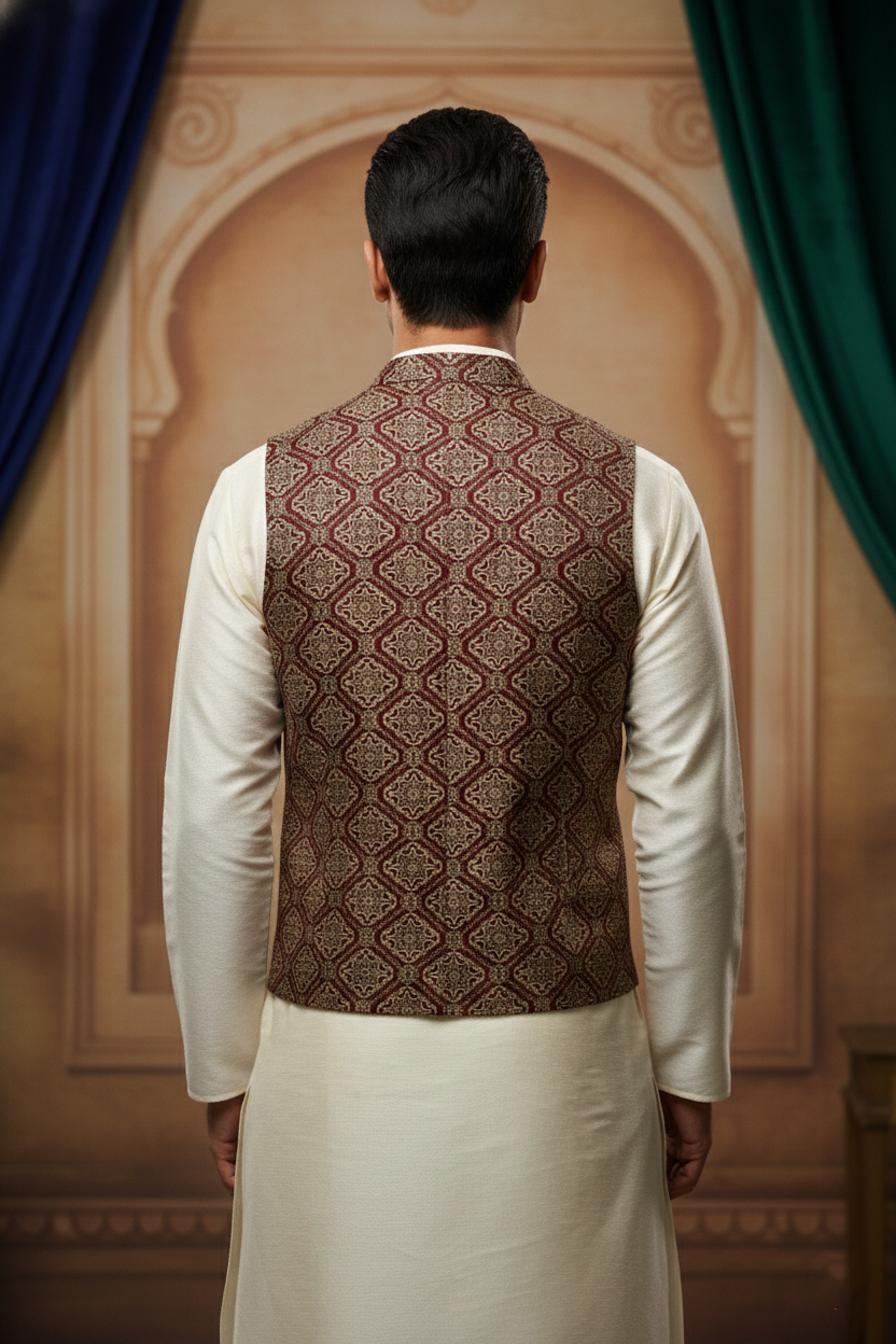 Men’s Light Red Jacquard Silk Waistcoat with Notch Lapel | Slim Fit Festive Vest