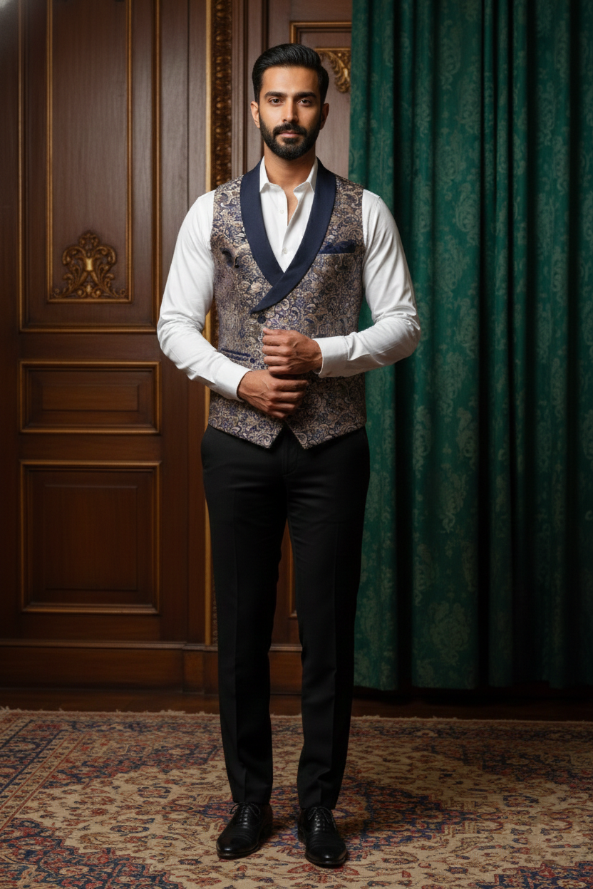 Men's Luxury 3-Piece Tuxedo Suit with Jacquard Silk Lapel & Waistcoat