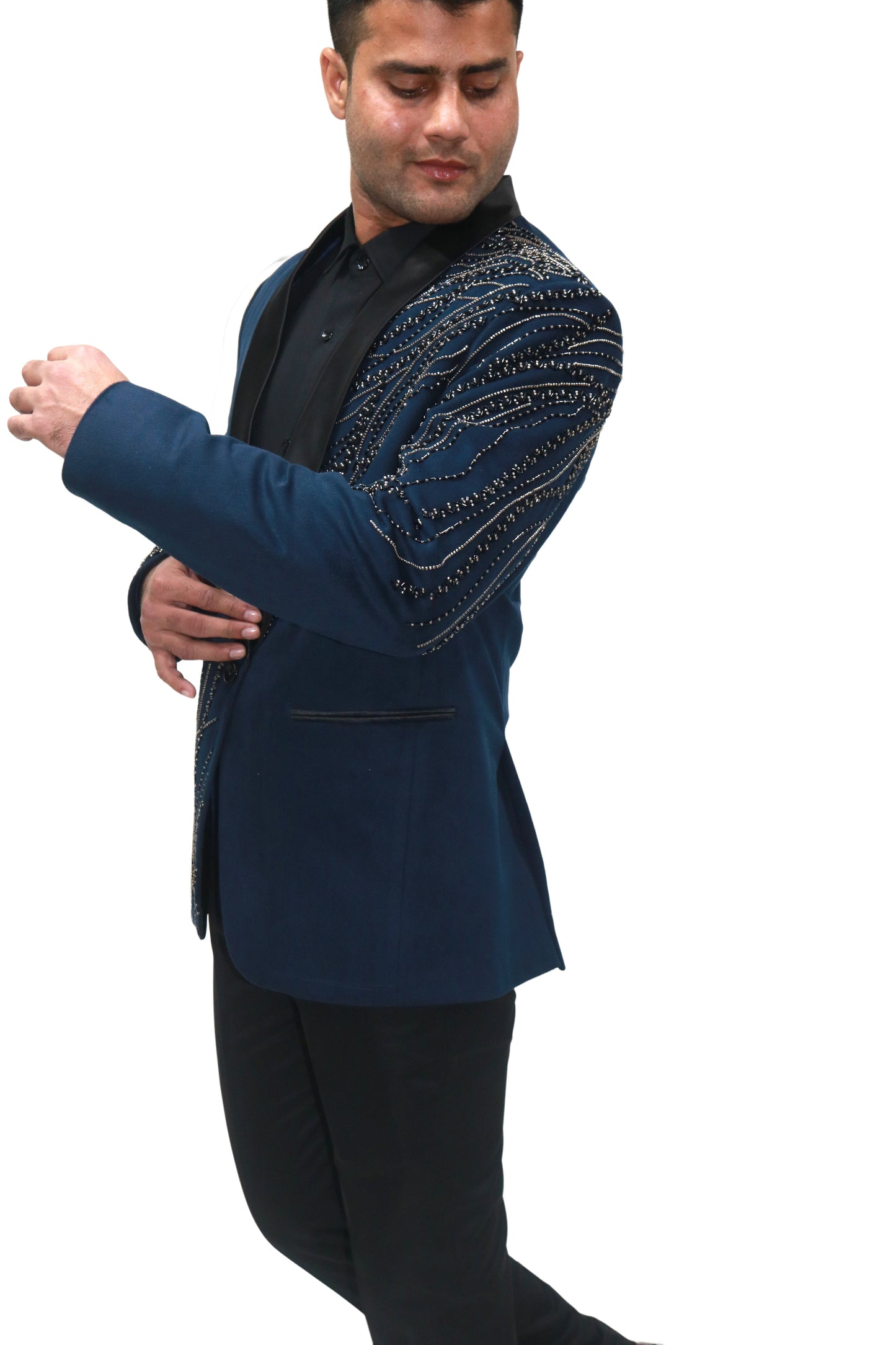 Hand Embroidered Blue velvet blazer, made with high quality soft velvet and hand embroidered with high quality beads.