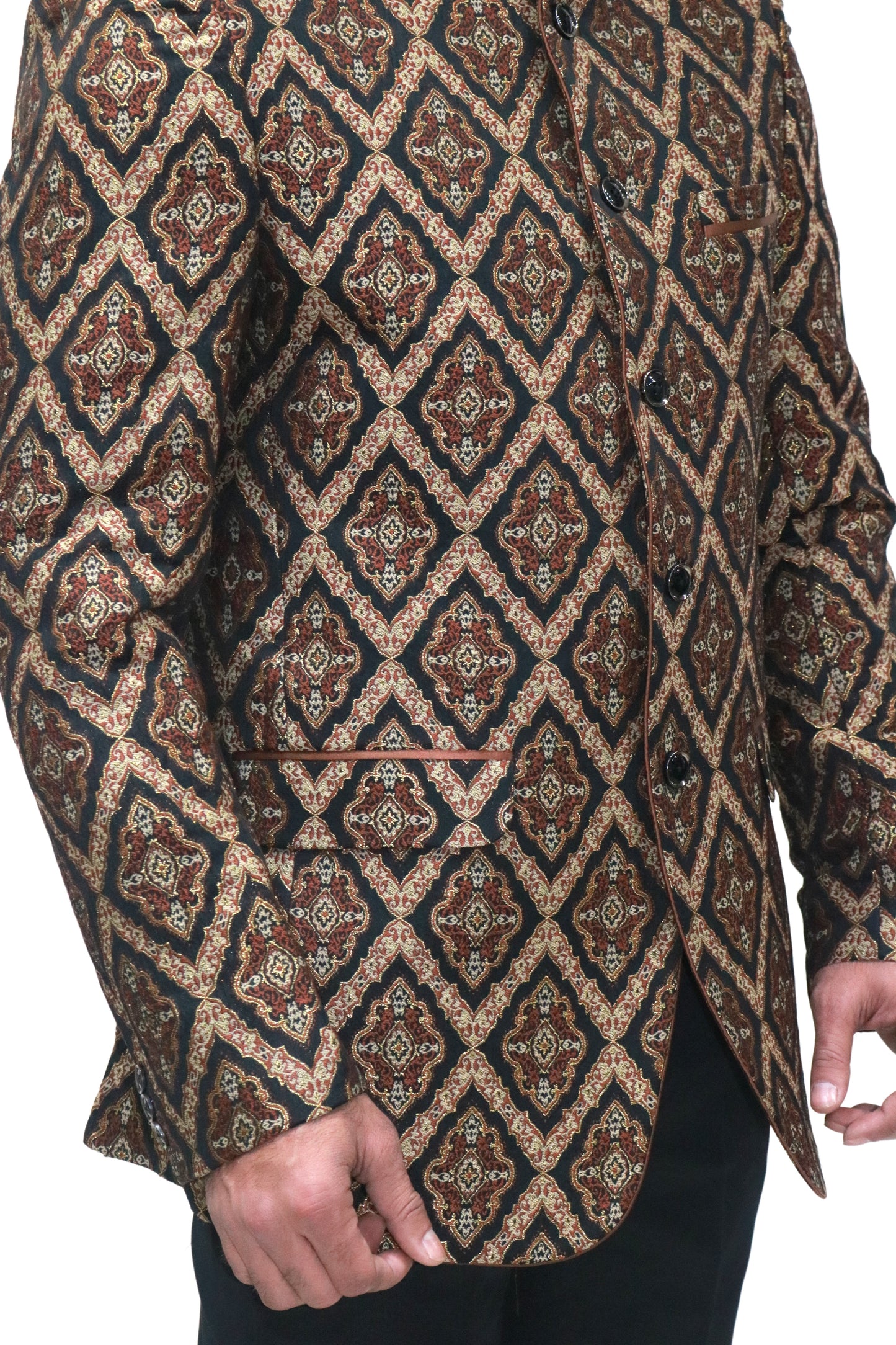Handmade Men's Black & Brown Jaquard Silk Jacket