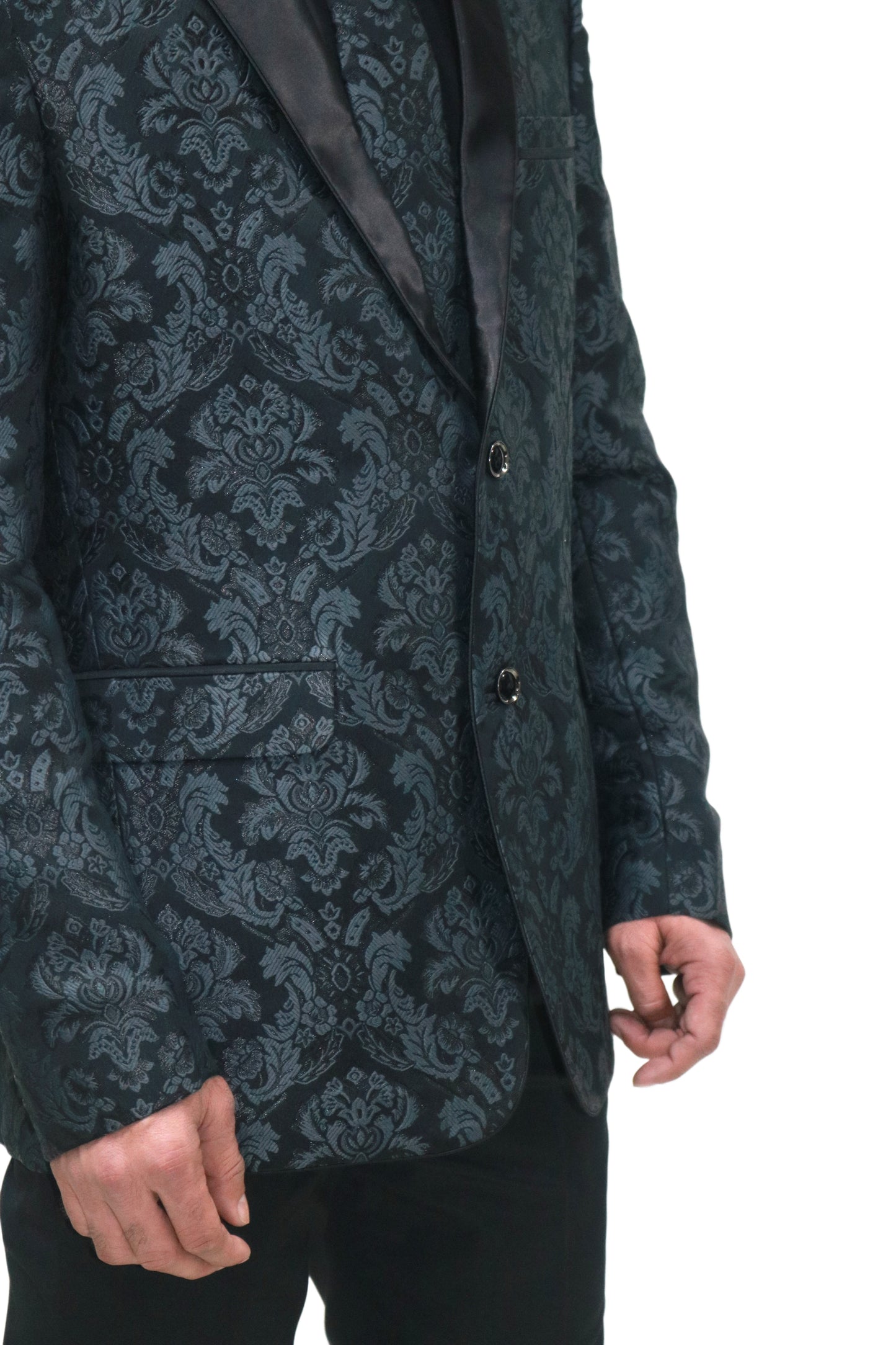 Men's Classic Black Jacquard Tuxedo with Satin Lapels - Formal Wear Suit