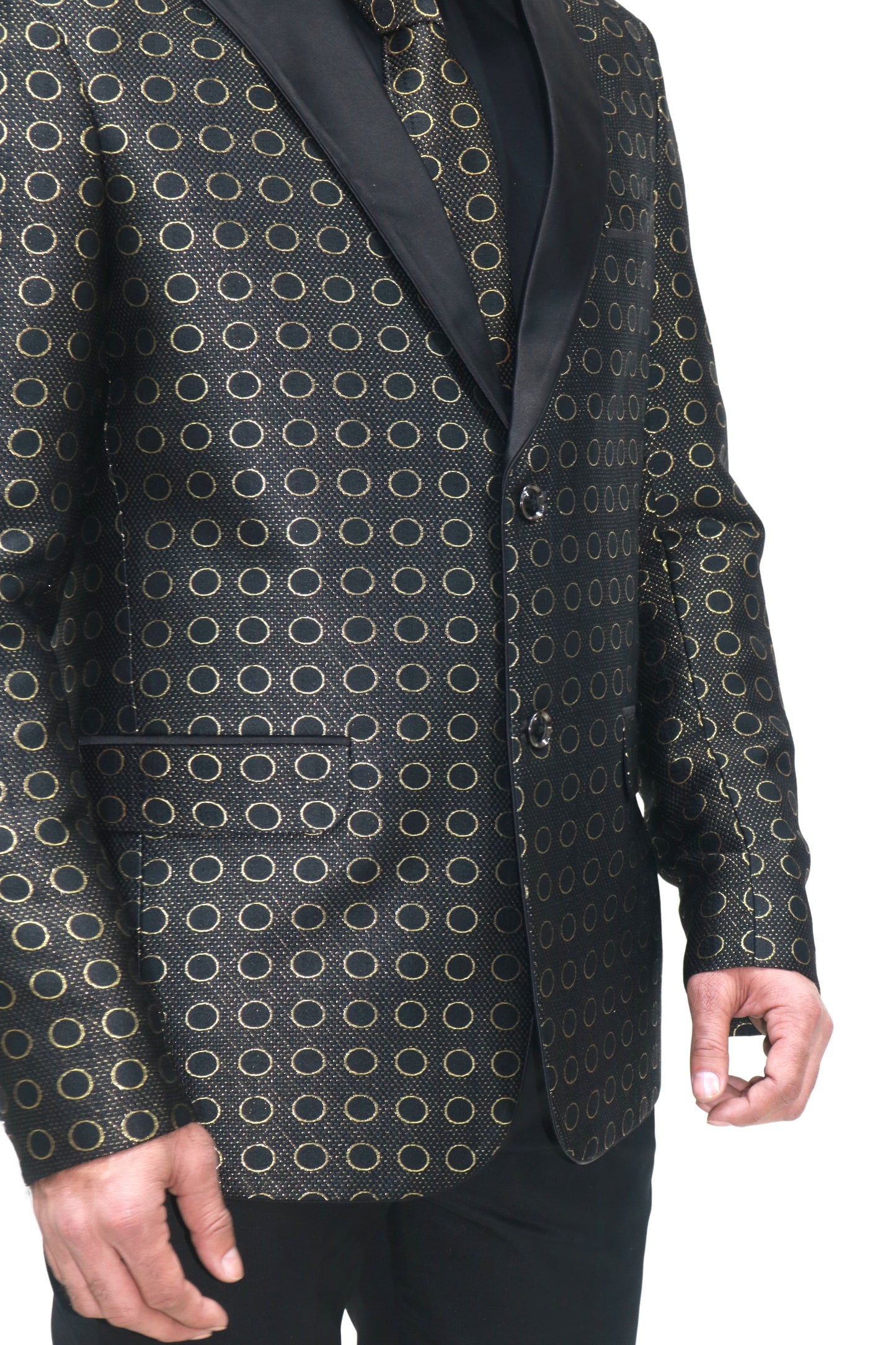 Men's Black & Gold Printed Tuxedo with Satin Lapels - Party Wear Suit