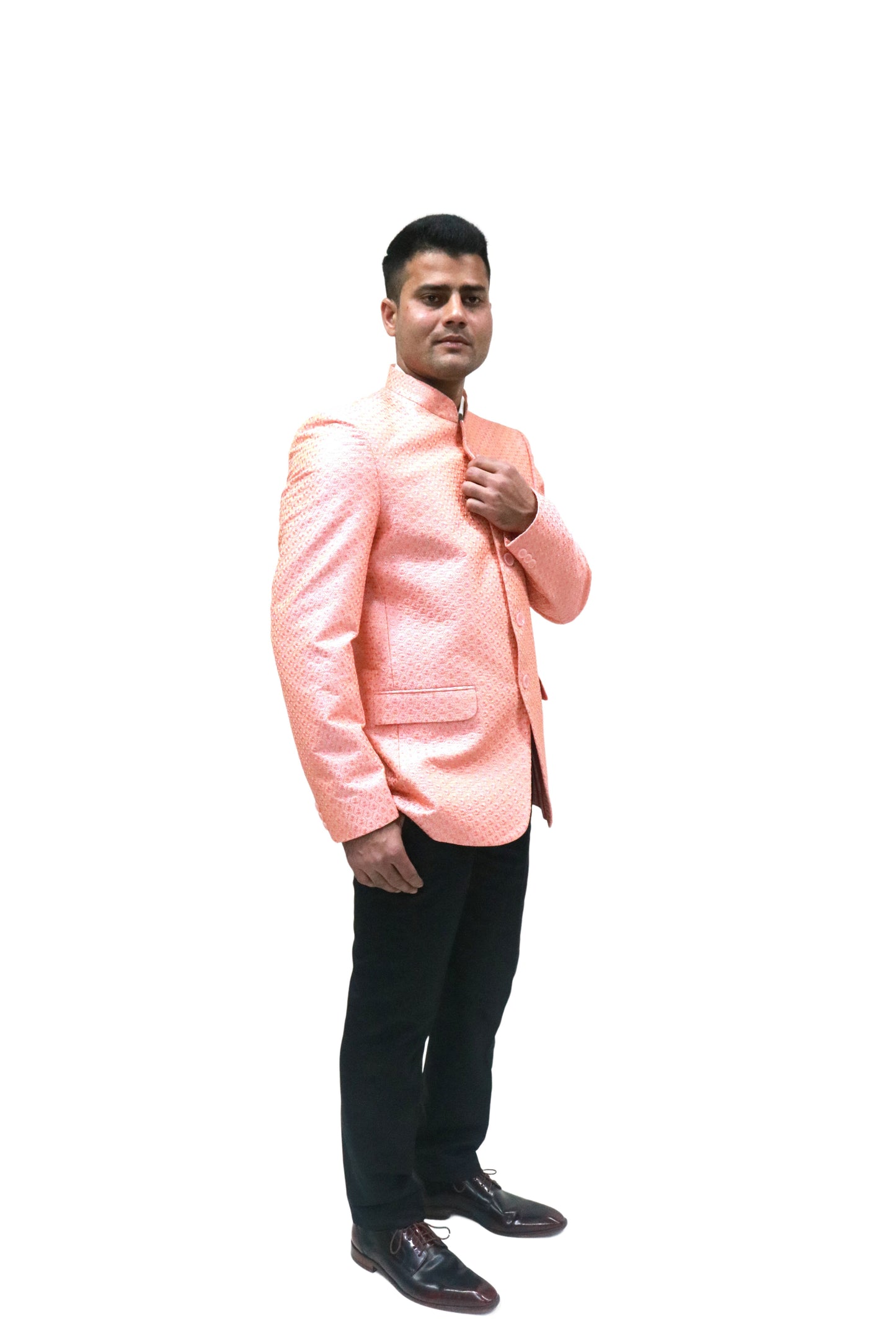 Men's Banarasi Rayon Cotton Pink Bandhgala - Traditional Indian Wedding Wear