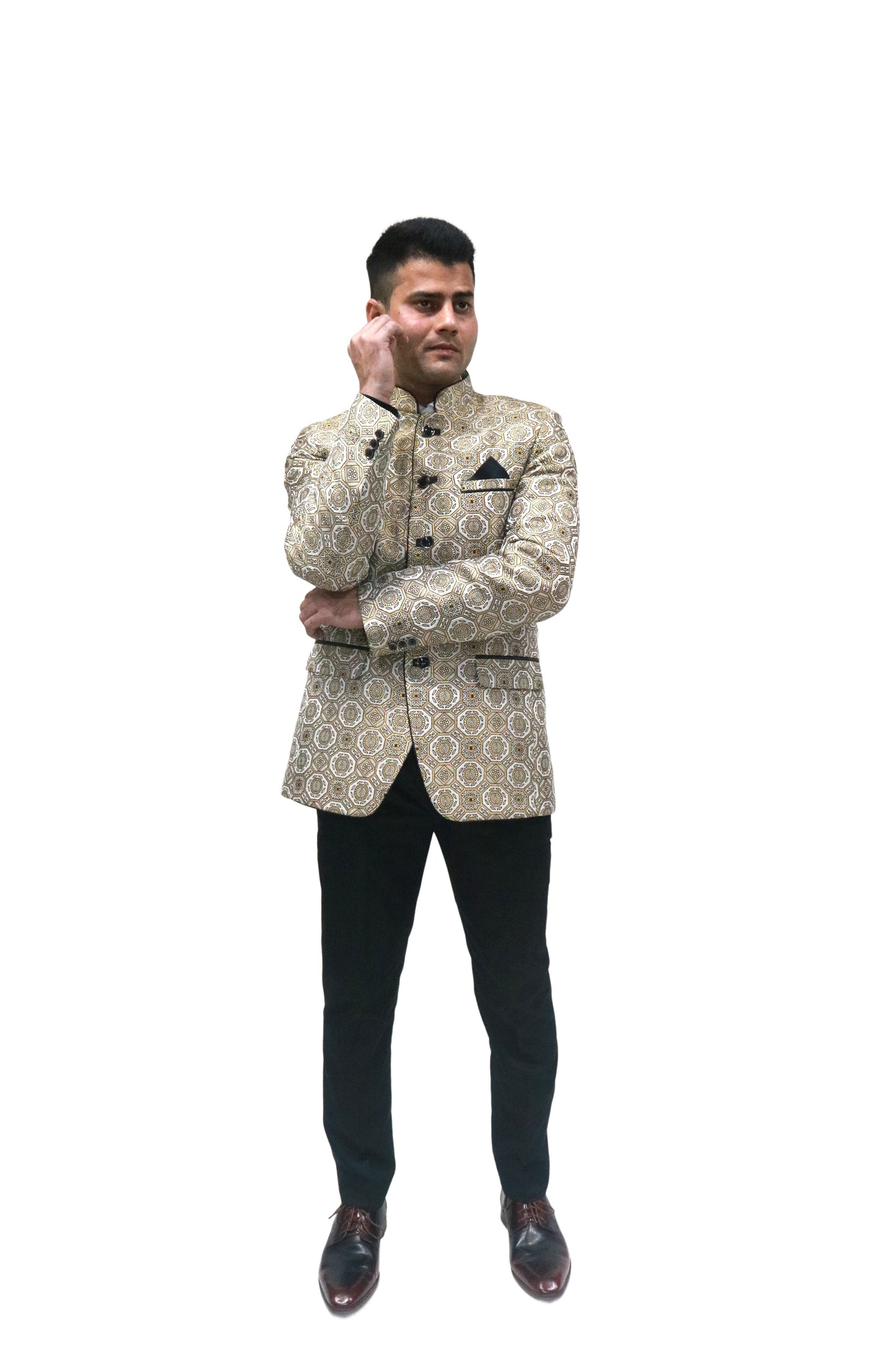 Handmade Men's off white Jacquard Silk Jacket and black trouser combo Perfect for wedding Occasion or Party wear