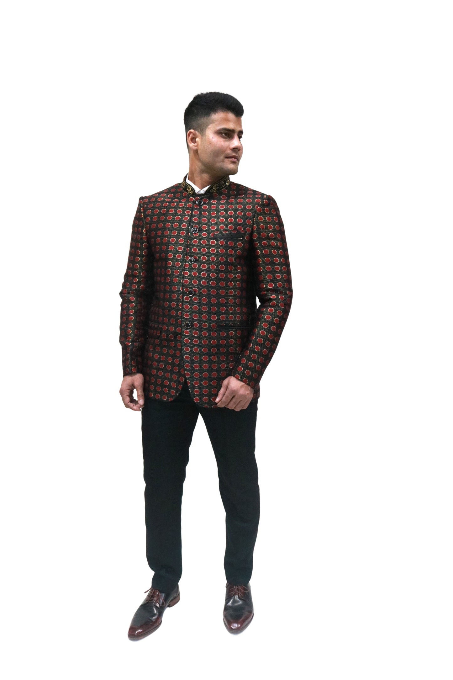 Handmade Men's Black, red Jacquard Silk Jacket and black trouser combo Perfect for wedding Occasion or Party wear