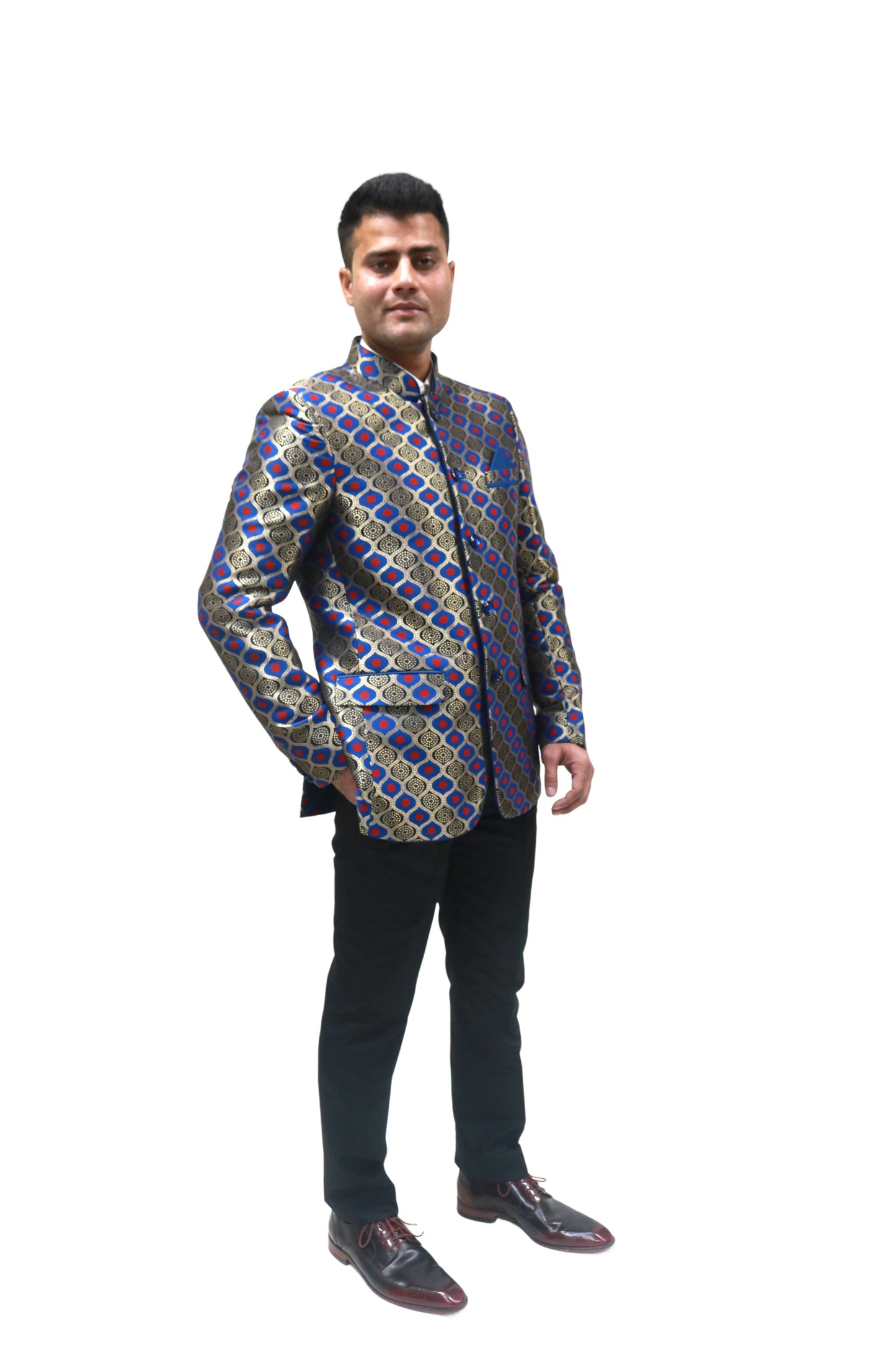 Handmade Men's Black, red and blue Jacquard Silk Jacket and black trouser combo Perfect for wedding Occasion or Party wear