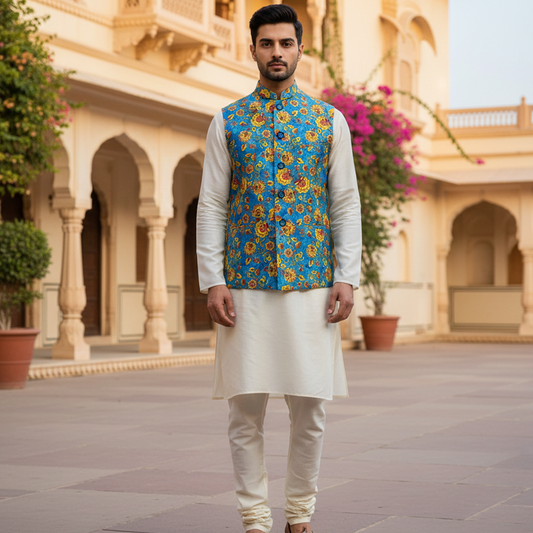 Men’s Royal Blue Floral Nehru Jacket with Ivory Kurta  Pajama – Festive Ethnic Wear