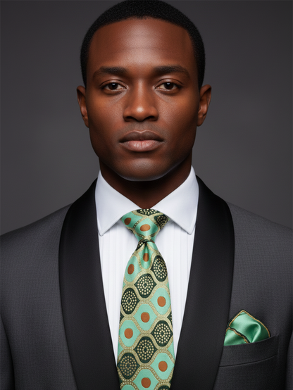Designer Green Necktie with Geometric Pattern & Contrast Detailing