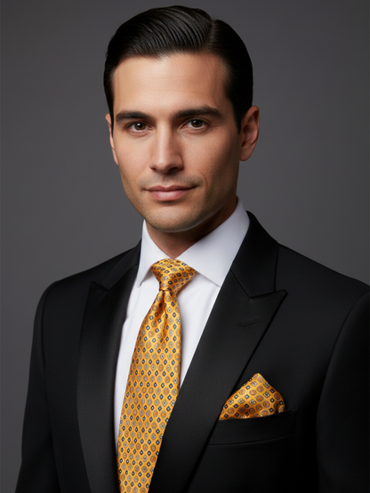 Premium Golden Silk Tie with Classic Geometric Pattern