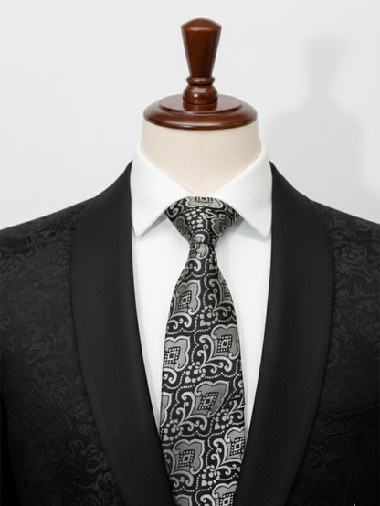 Black Tie with White Work Pattern – Classic Formal Necktie