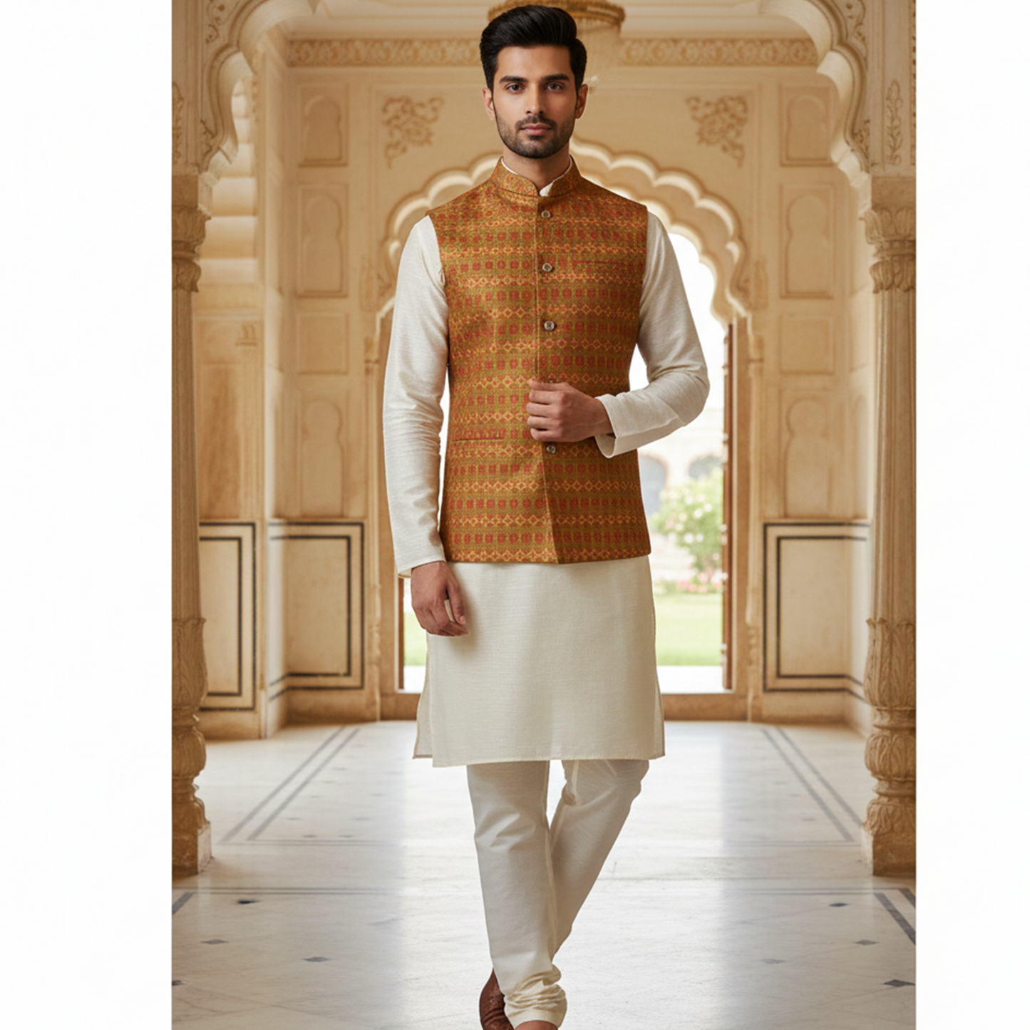 Men’s Rust & Gold Patterned Nehru Jacket with Ivory Kurta  Pajama – Classic Festive Wear