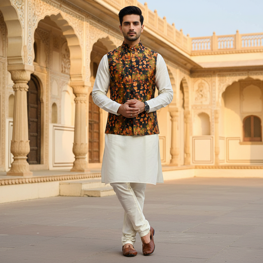 Men’s Dark Floral Nehru Jacket with Ivory Kurta Pajama –  Contemporary Festive Wear