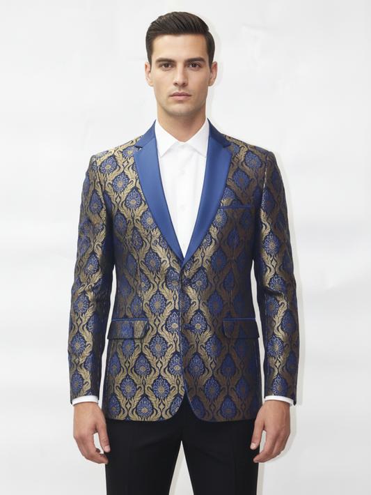 Mens Golden and Blue Slim Fit Jacquard Blazer , Elegant Patterns, Premium Fabric, Stylish Formal Wear for Office and Parties