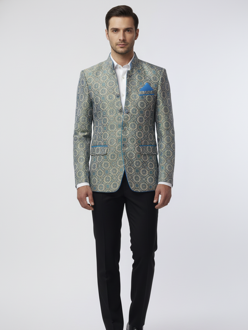 Mens Grey Printed Jacquard Blazer , Elegant Design, Premium Fabric, Modern Tailoring for Formal, Office and Evening Wear