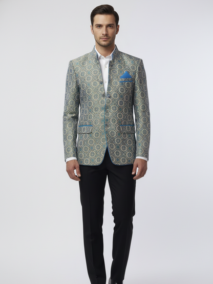 Mens Grey Printed Jacquard Blazer , Elegant Design, Premium Fabric, Modern Tailoring for Formal, Office and Evening Wear