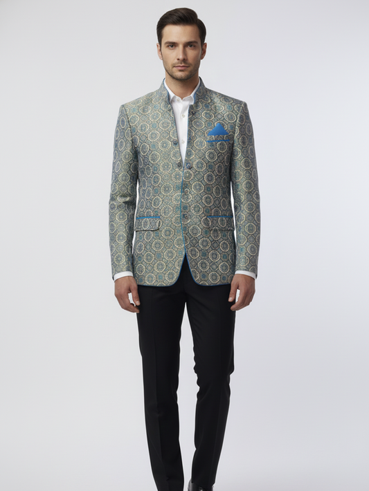 Mens Grey Printed Jacquard Blazer , Elegant Design, Premium Fabric, Modern Tailoring for Formal, Office and Evening Wear